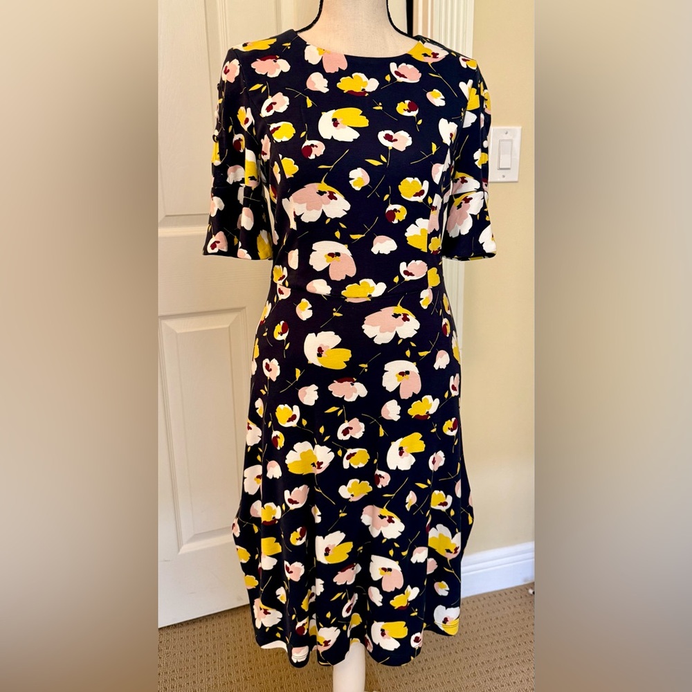NWOT Boden Navy Floral Midi Dress with Yellow & Blush Blooms, Sz 6P